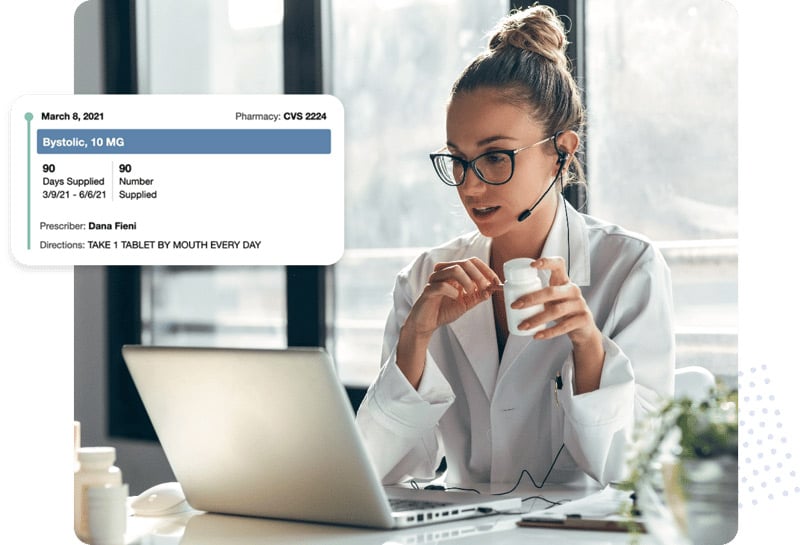 Clinical pharmacist reviewing patient prescription on laptop